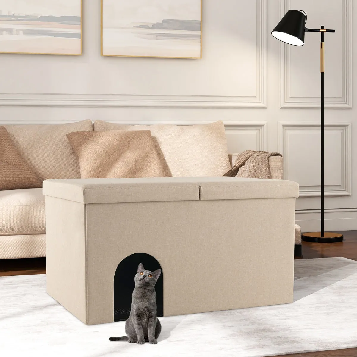 3-in-1 Hidden Cat Washroom Ottoman Shoe Bench-Beige