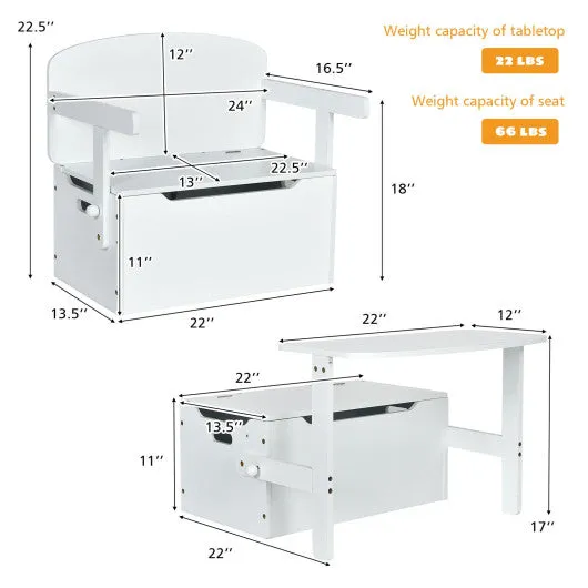 3-in-1 Kids Convertible Storage Bench Wood Activity Table and Chair Set-White