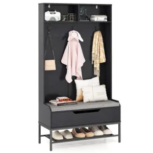 69 Inches Tall Hall Tree 4-in-1 Coat Rack with Seat Cushion and Shoe Storage-Black