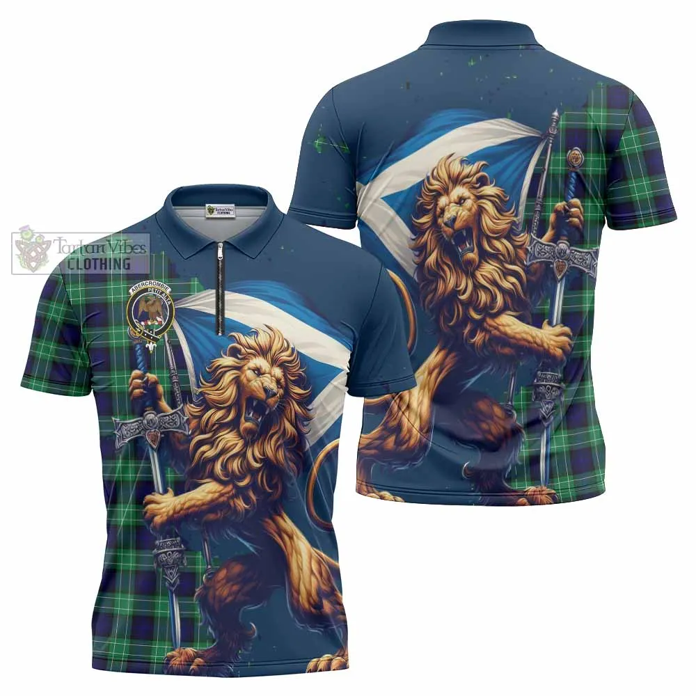 Abercrombie Tartan Family Crest Zipper Polo Shirt with Scottish Majestic Lion