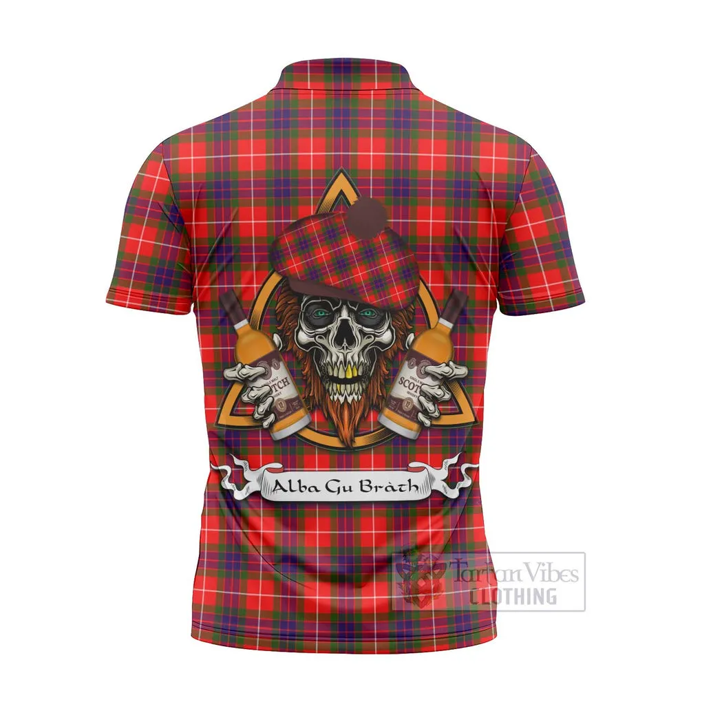 Abernethy Tartan Zipper Polo Shirt with Family Crest and Bearded Skull Holding Bottles of Whiskey