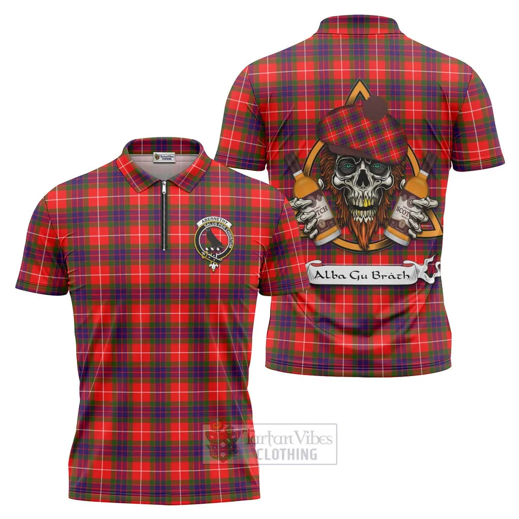 Abernethy Tartan Zipper Polo Shirt with Family Crest and Bearded Skull Holding Bottles of Whiskey