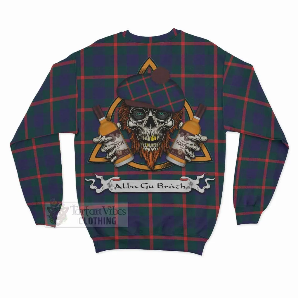 Agnew Tartan Sweatshirt with Family Crest and Bearded Skull Holding Bottles of Whiskey