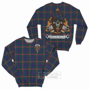 Agnew Tartan Sweatshirt with Family Crest and Bearded Skull Holding Bottles of Whiskey