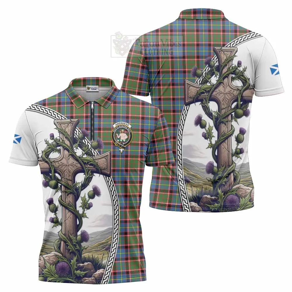 Aikenhead Tartan Zipper Polo Shirt with Family Crest and St. Andrew's Cross Accented by Thistle Vines