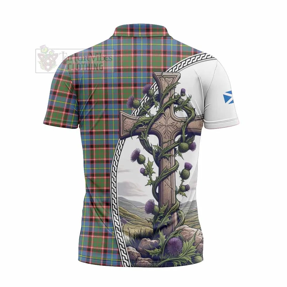 Aikenhead Tartan Zipper Polo Shirt with Family Crest and St. Andrew's Cross Accented by Thistle Vines