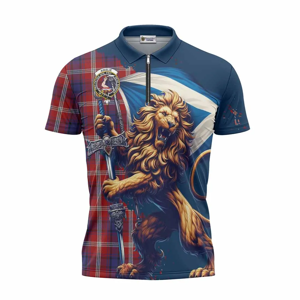 Ainslie Tartan Family Crest Zipper Polo Shirt with Scottish Majestic Lion