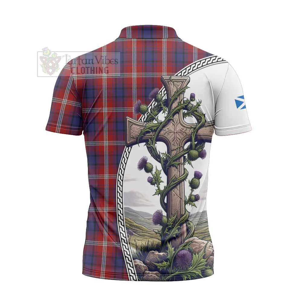 Ainslie Tartan Zipper Polo Shirt with Family Crest and St. Andrew's Cross Accented by Thistle Vines