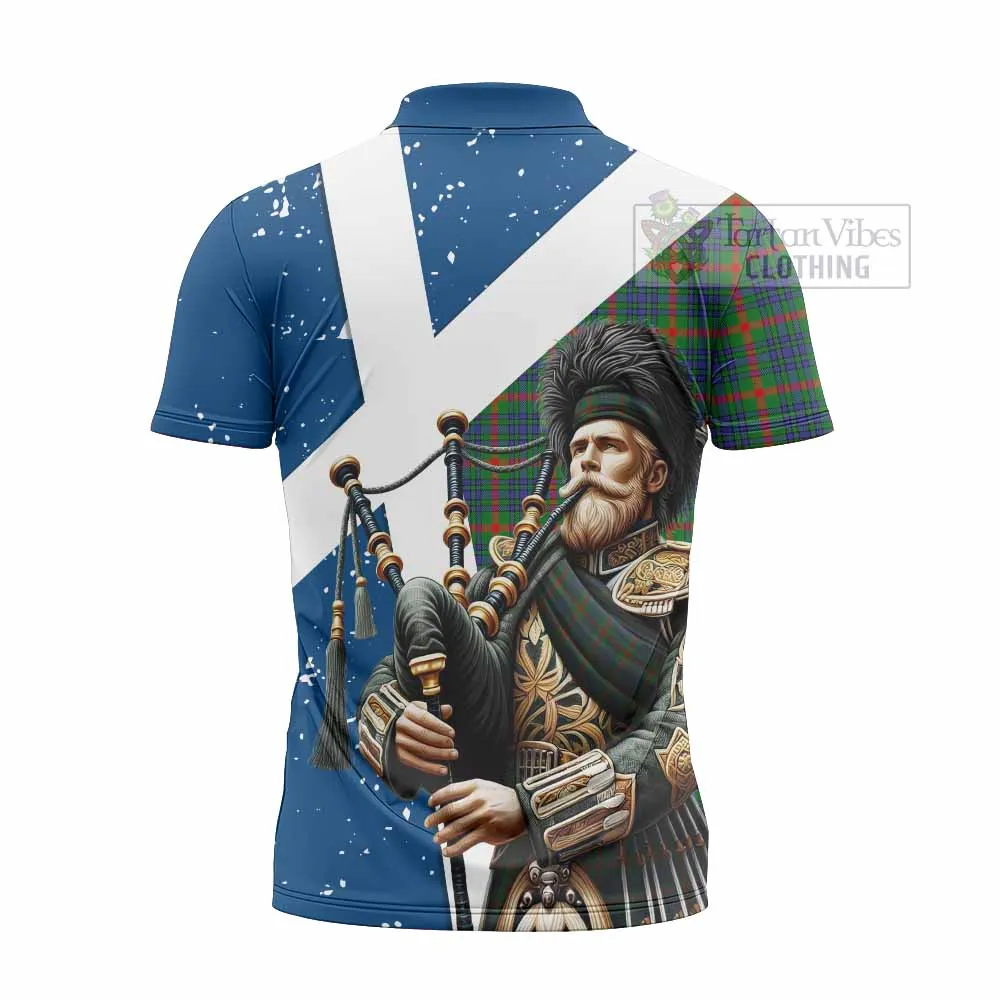 Aiton Tartan Zipper Polo Shirt with Family Crest Scottish Bagpiper Vibes