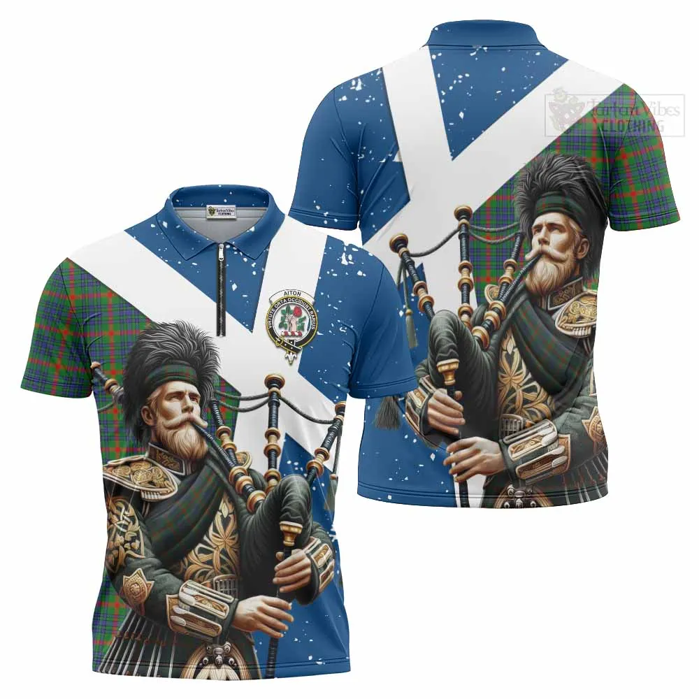 Aiton Tartan Zipper Polo Shirt with Family Crest Scottish Bagpiper Vibes