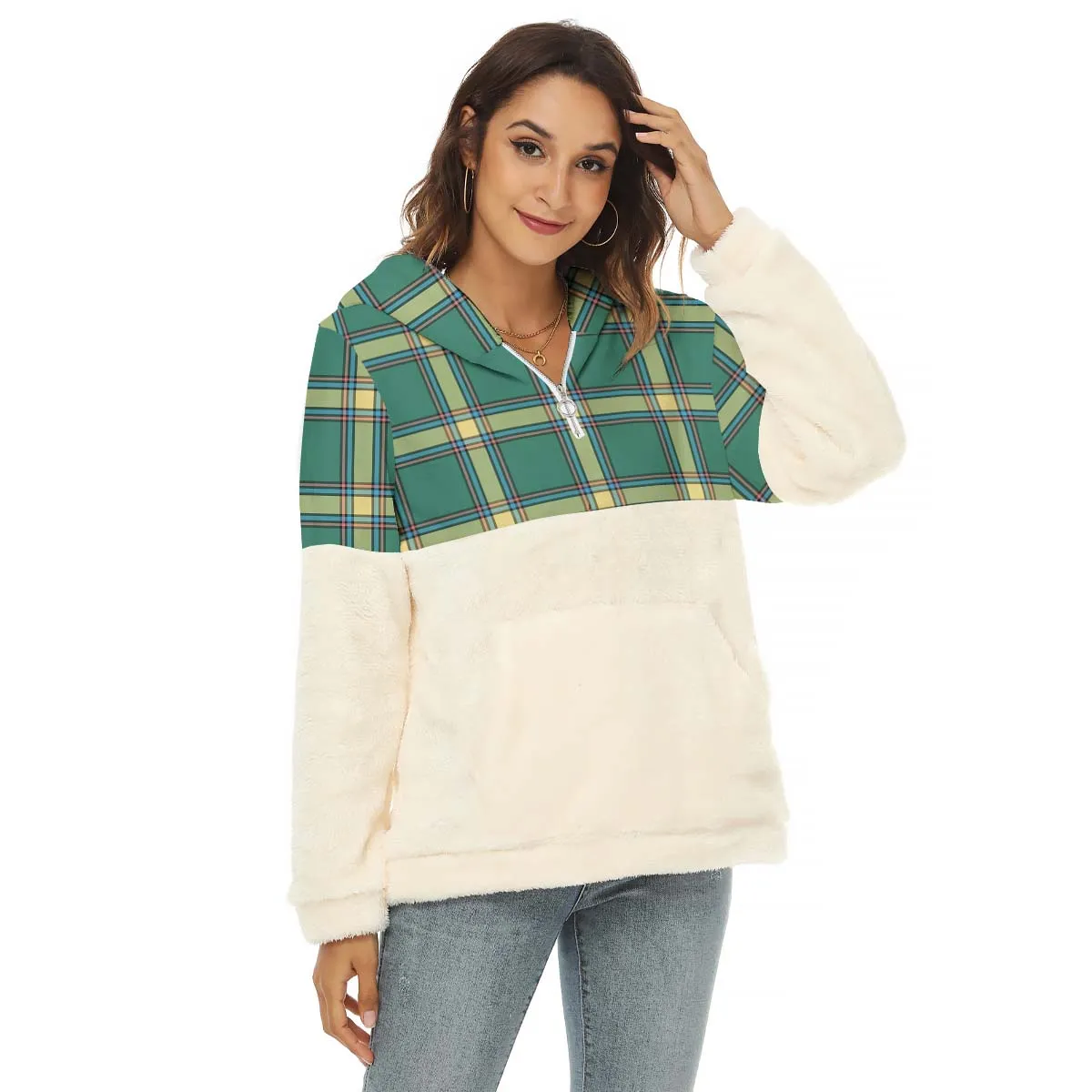 Alberta Province Canada Tartan Women's Borg Fleece Hoodie With Half Zip