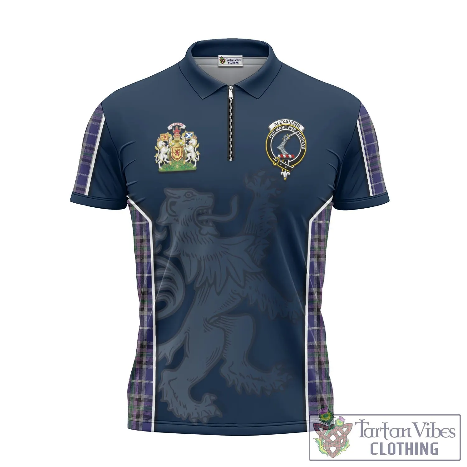 Alexander of Menstry Tartan Zipper Polo Shirt with Family Crest and Lion Rampant Vibes Sport Style