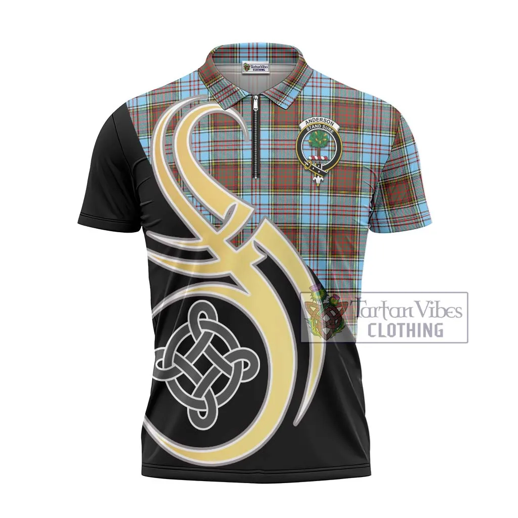 Anderson Ancient Tartan Zipper Polo Shirt with Family Crest and Celtic Symbol Style