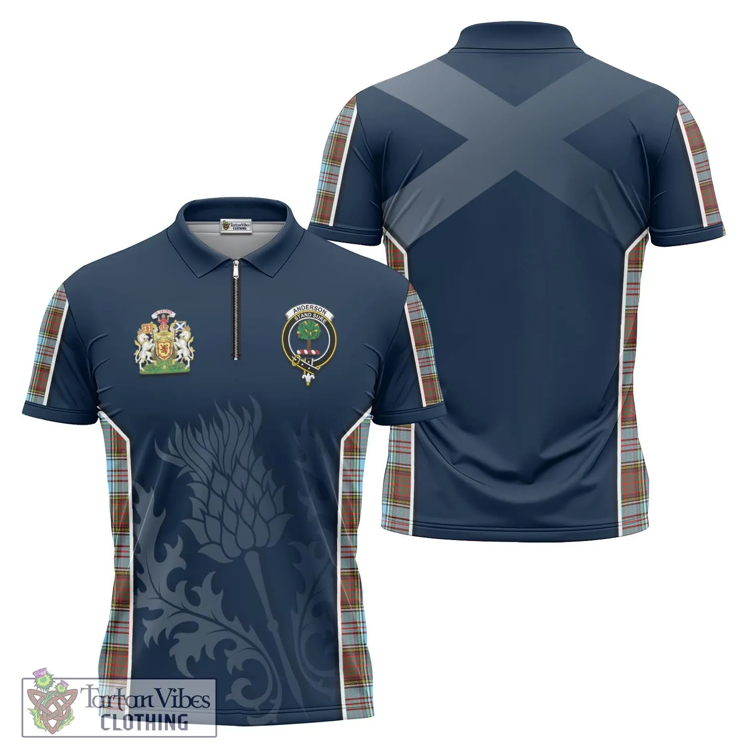 Anderson Ancient Tartan Zipper Polo Shirt with Family Crest and Scottish Thistle Vibes Sport Style