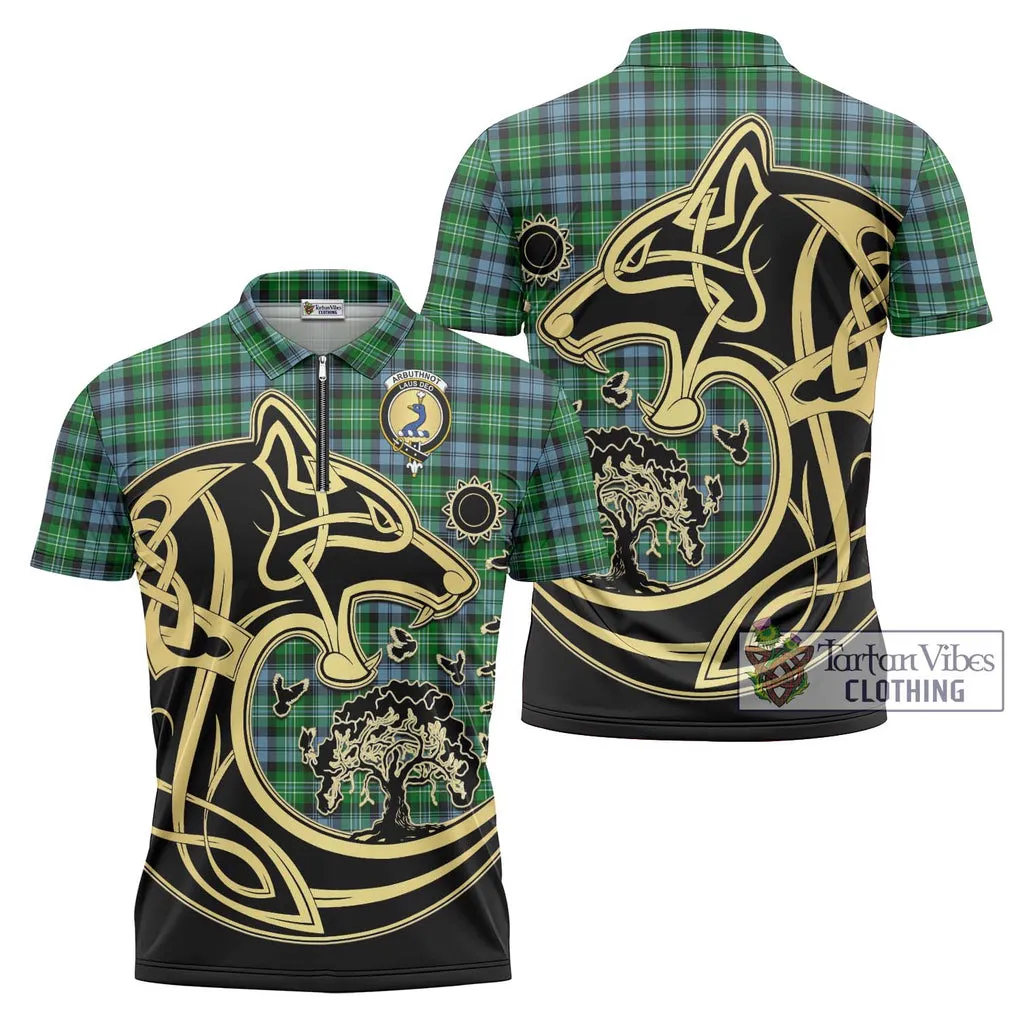 Arbuthnot Ancient Tartan Zipper Polo Shirt with Family Crest Celtic Wolf Style