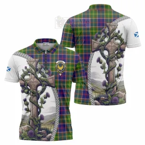 Arnott Tartan Zipper Polo Shirt with Family Crest and St. Andrew's Cross Accented by Thistle Vines