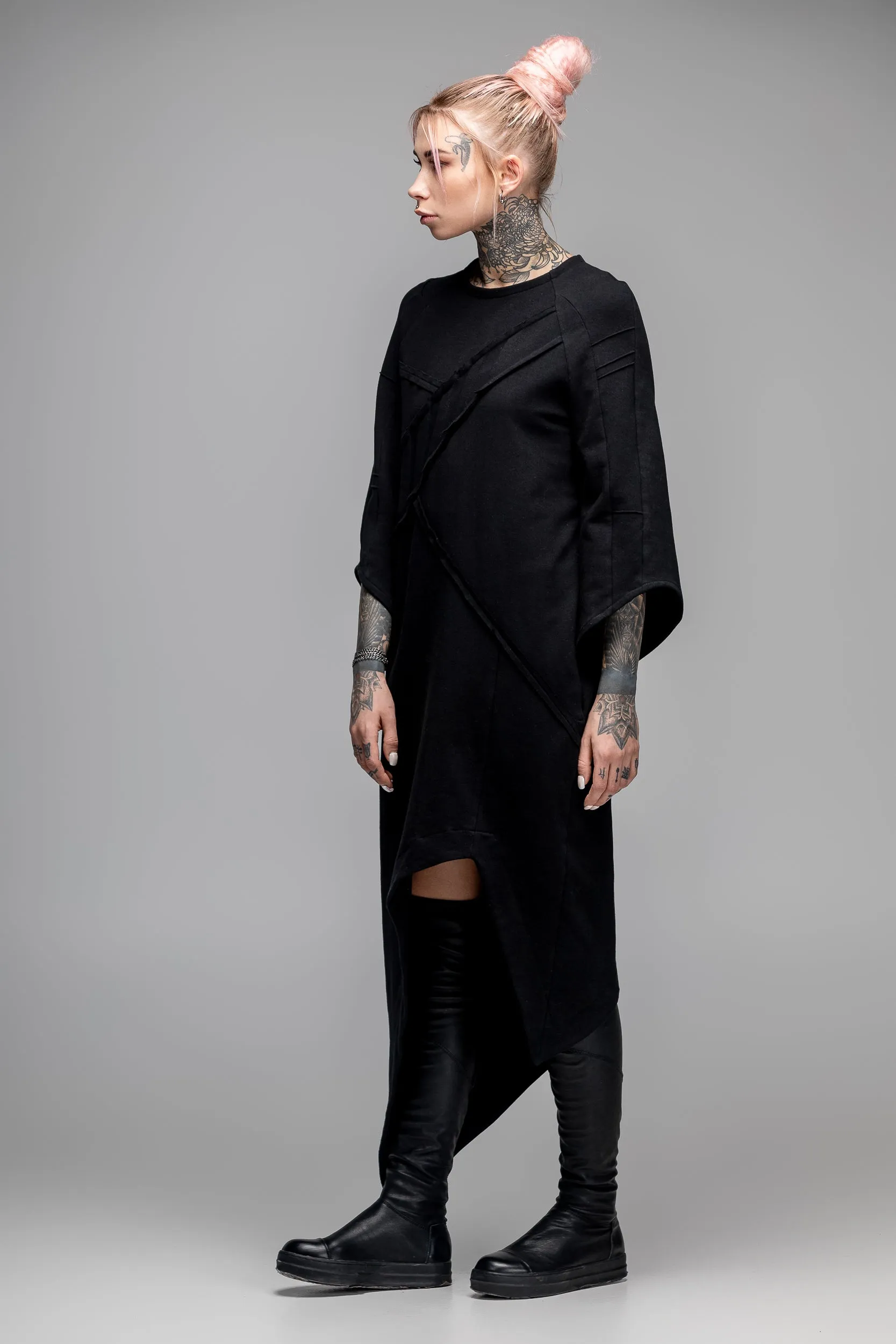 Asymmetric oversized black dress