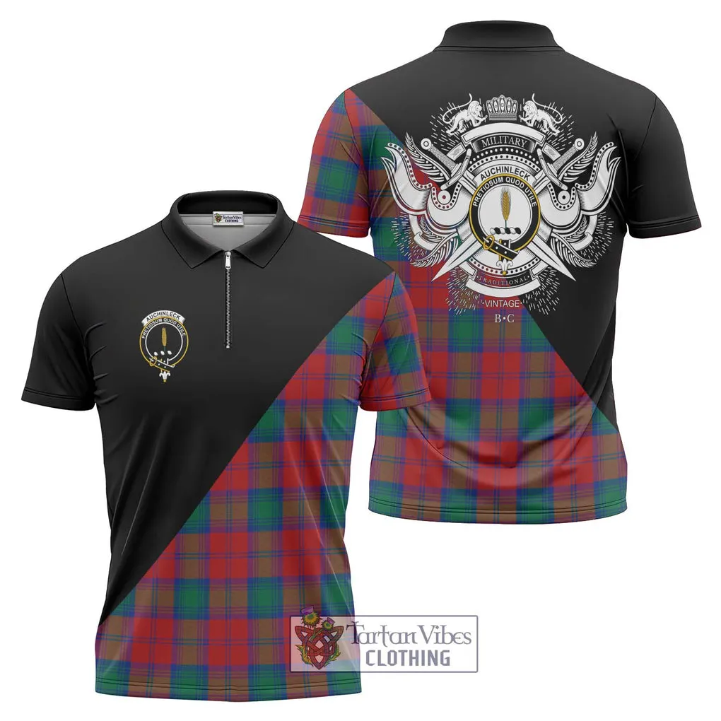 Auchinleck (Affleck) Tartan Zipper Polo Shirt with Family Crest and Military Logo Style