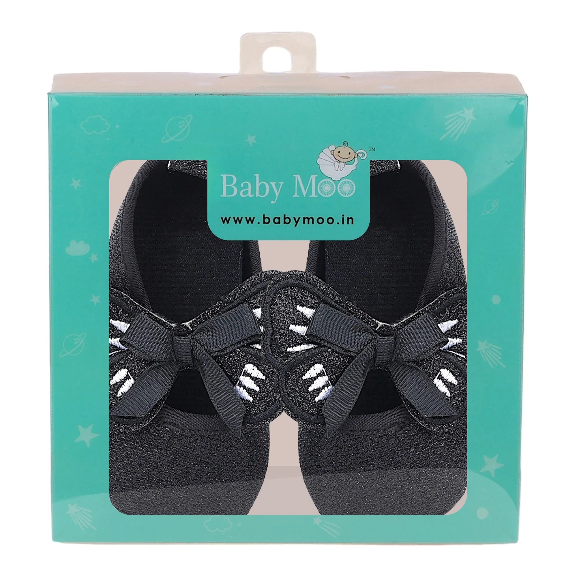 Baby Moo Butterfly Bow Shiny Party Anti-Skid Ballerina Booties - Black