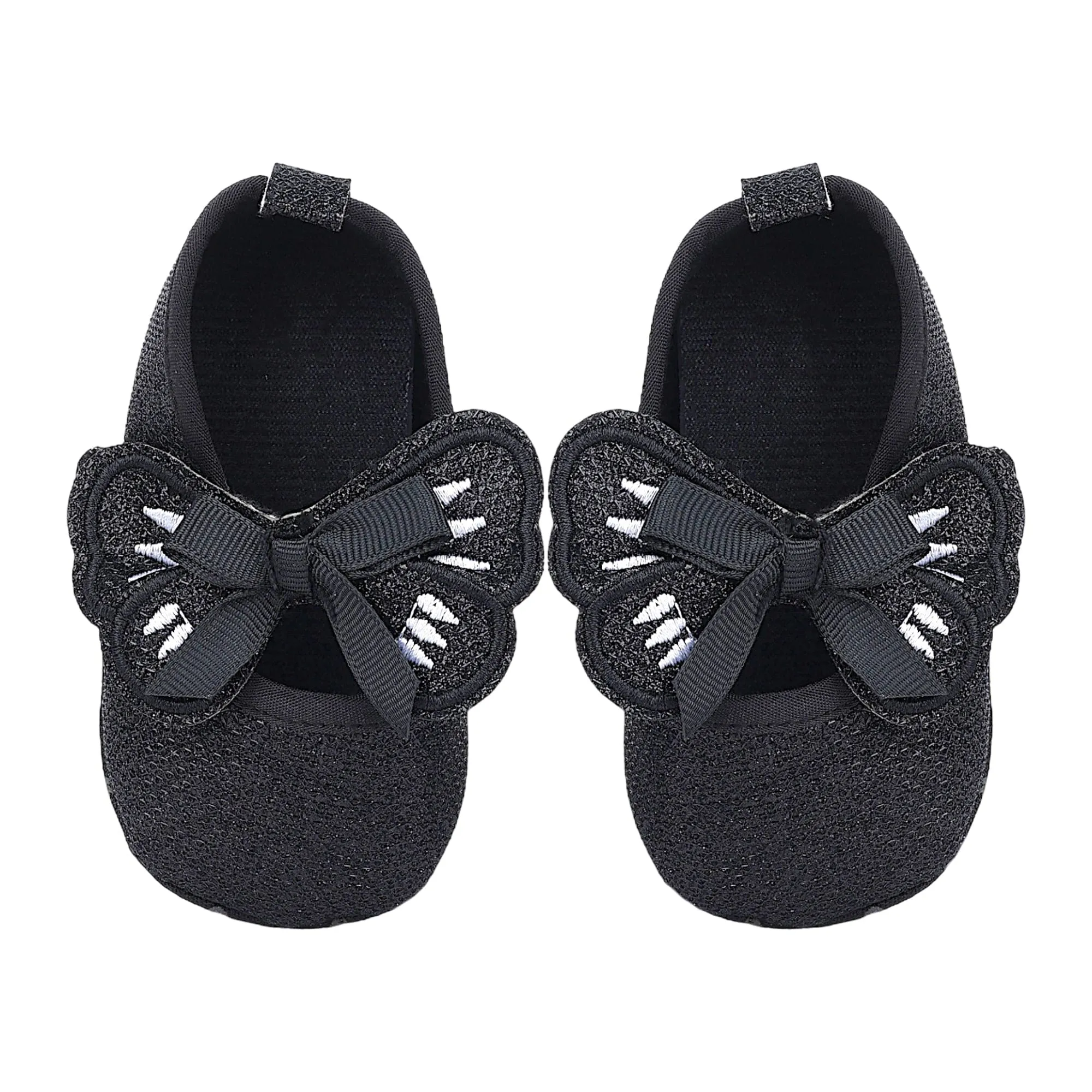 Baby Moo Butterfly Bow Shiny Party Anti-Skid Ballerina Booties - Black