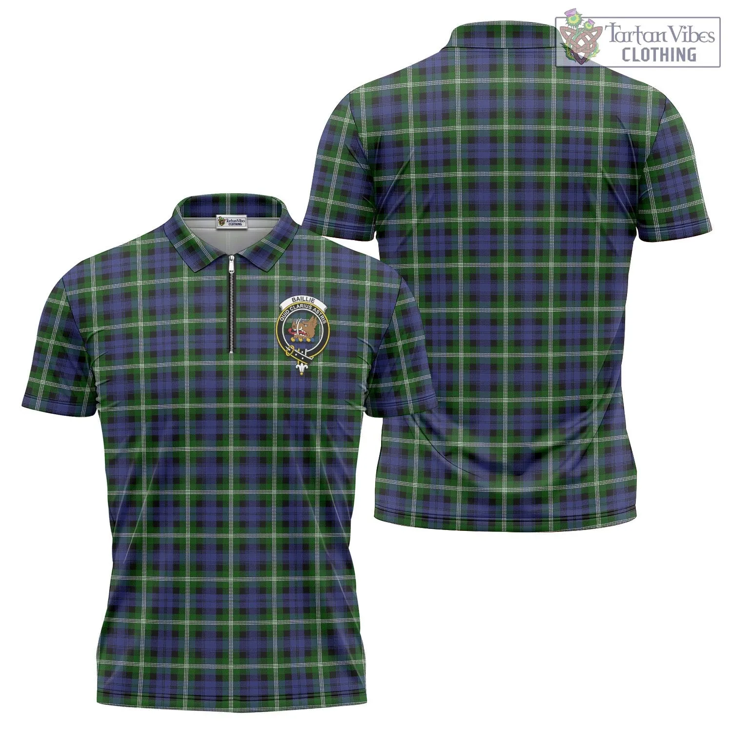 Baillie (Bailey) Tartan Zipper Polo Shirt with Family Crest