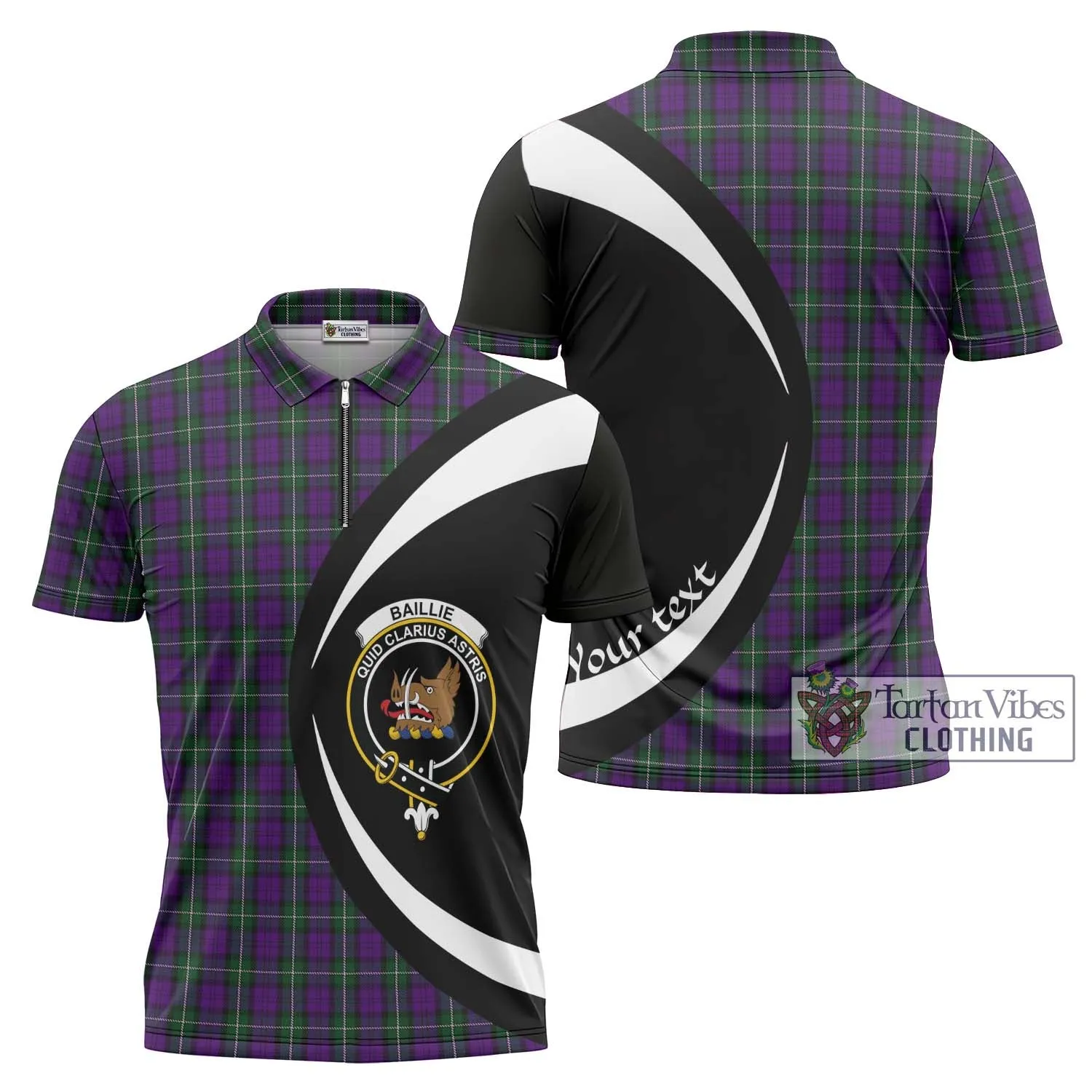 Baillie Highland Society Tartan Zipper Polo Shirt with Family Crest Circle Style