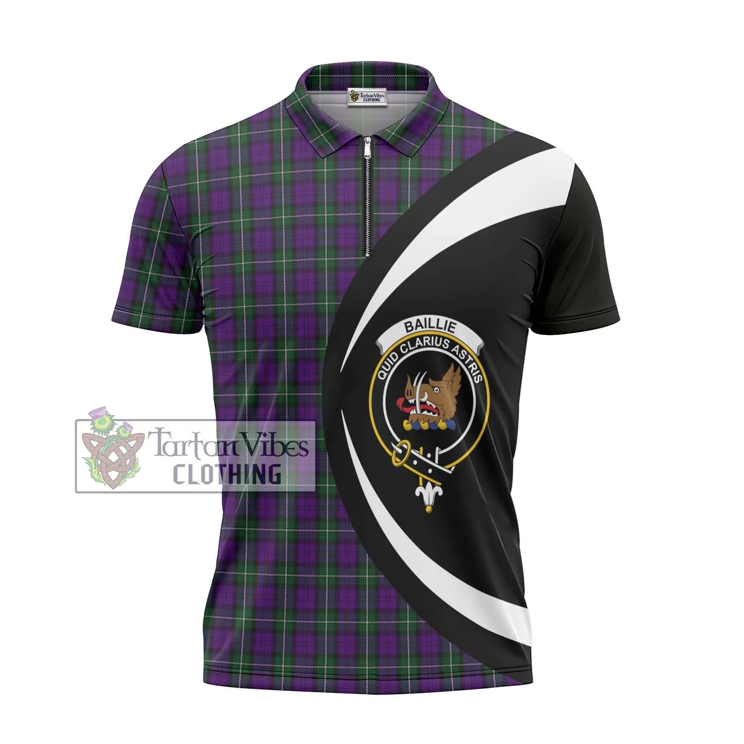 Baillie Highland Society Tartan Zipper Polo Shirt with Family Crest Circle Style