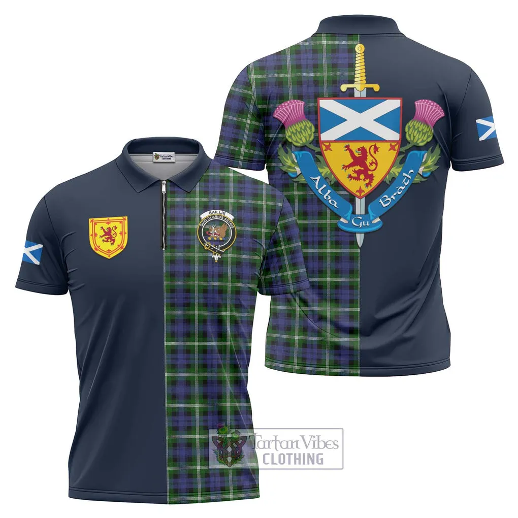 Baillie of Polkemmet Tartan Zipper Polo Shirt Alba with Scottish Lion Royal Arm Half Style