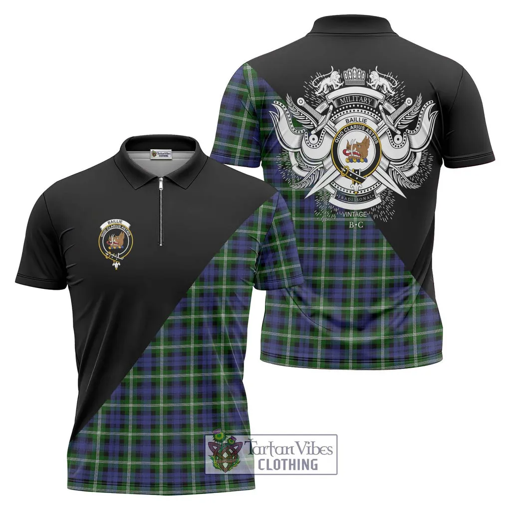 Baillie of Polkemmet Tartan Zipper Polo Shirt with Family Crest and Military Logo Style