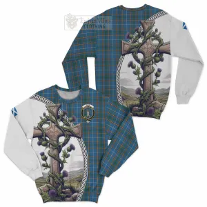 Bain Tartan Sweatshirt with Family Crest and St. Andrew's Cross Accented by Thistle Vines