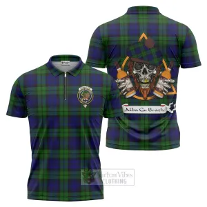 Bannatyne Tartan Zipper Polo Shirt with Family Crest and Bearded Skull Holding Bottles of Whiskey