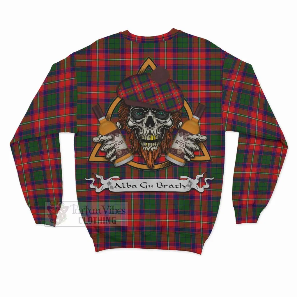 Belshes (Belsches) Tartan Sweatshirt with Family Crest and Bearded Skull Holding Bottles of Whiskey