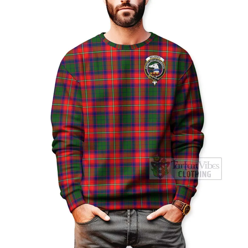 Belshes (Belsches) Tartan Sweatshirt with Family Crest and Bearded Skull Holding Bottles of Whiskey