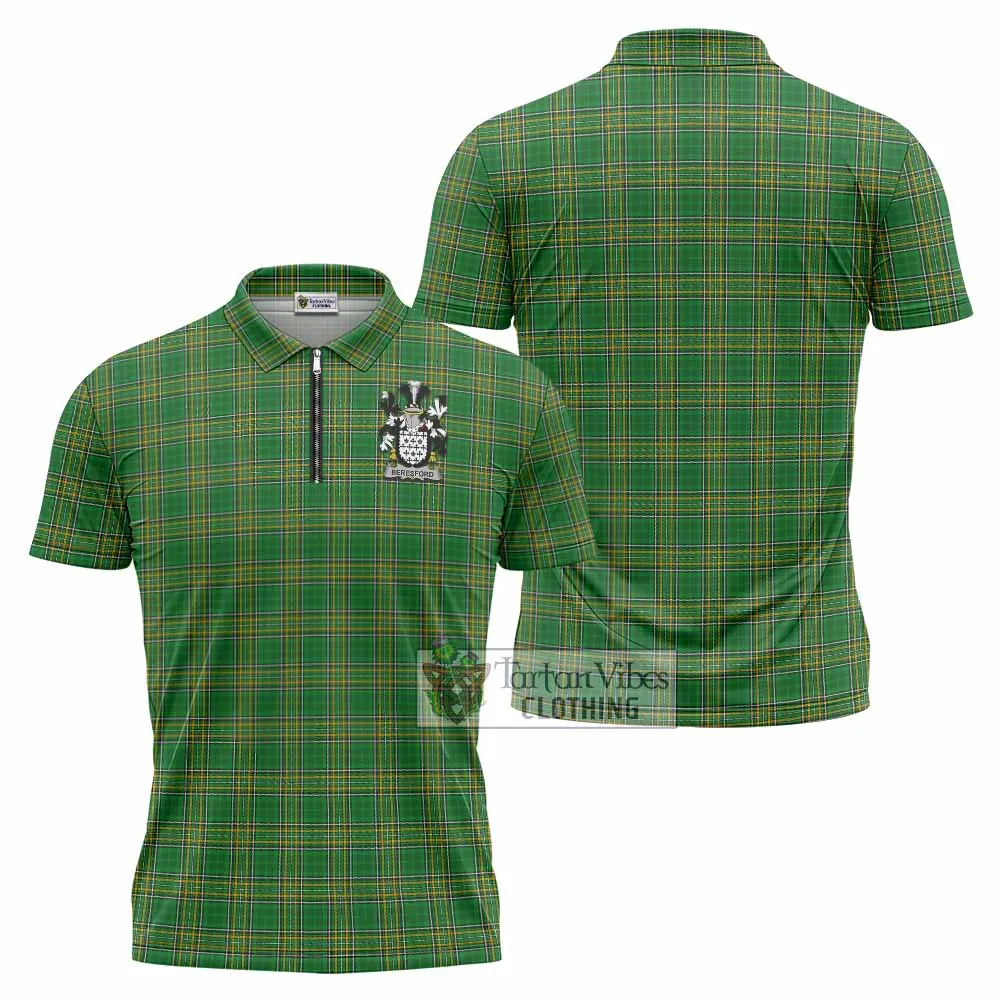 Beresford Irish Clan Tartan Zipper Polo Shirt with Coat of Arms