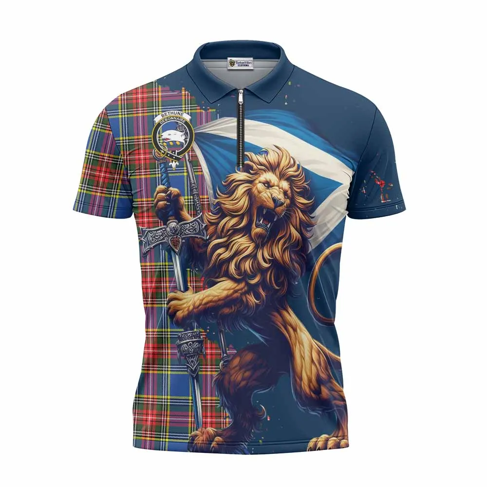 Bethune Tartan Family Crest Zipper Polo Shirt with Scottish Majestic Lion