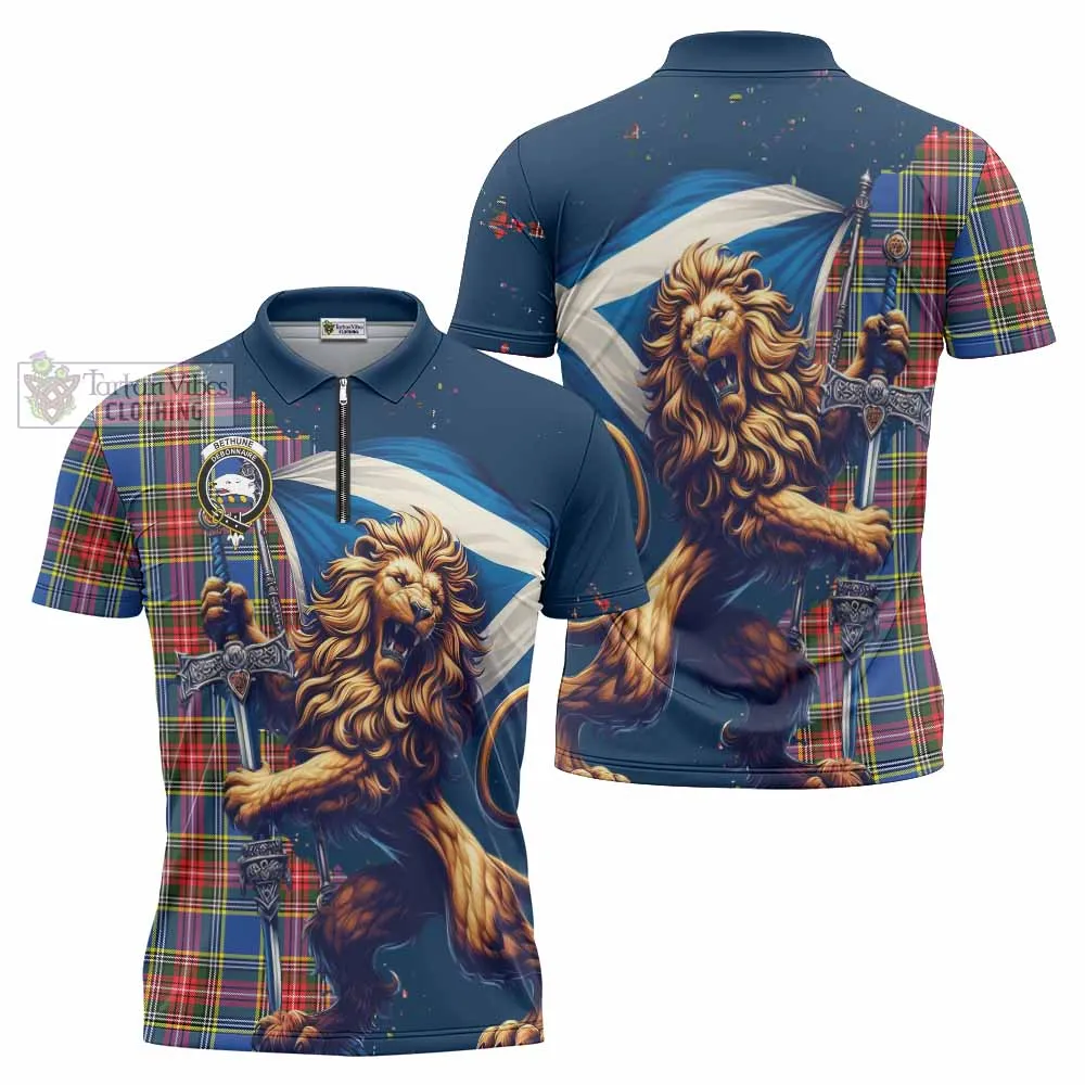 Bethune Tartan Family Crest Zipper Polo Shirt with Scottish Majestic Lion