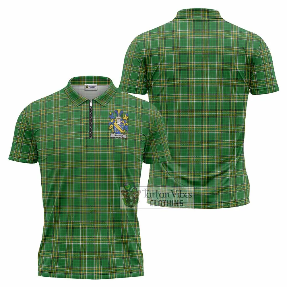 Bingham Irish Clan Tartan Zipper Polo Shirt with Coat of Arms