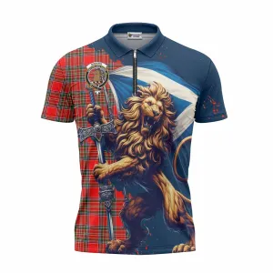 Binning Tartan Family Crest Zipper Polo Shirt with Scottish Majestic Lion