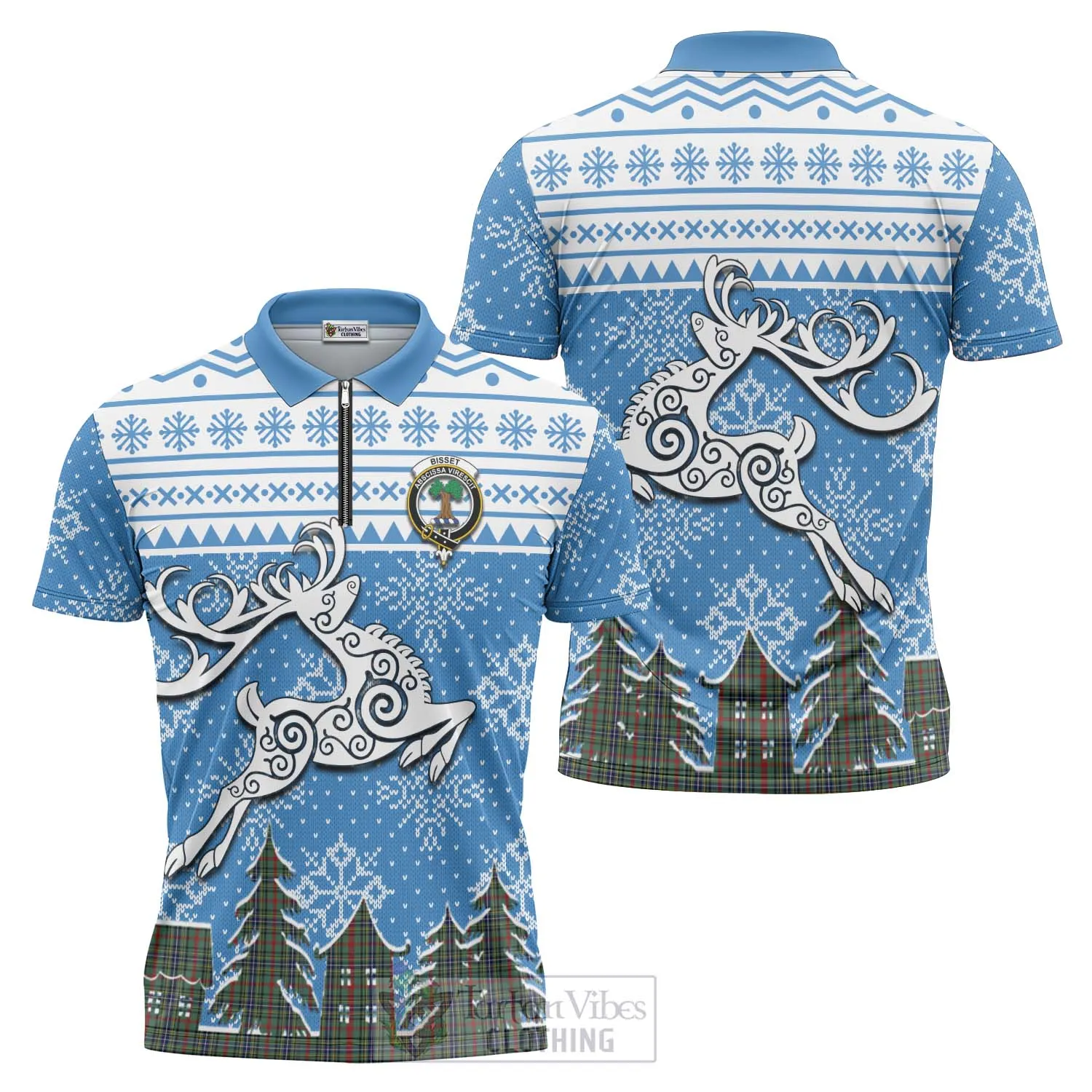 Bisset Clan Christmas Zipper Polo Shirt Celtic Reindeer Style