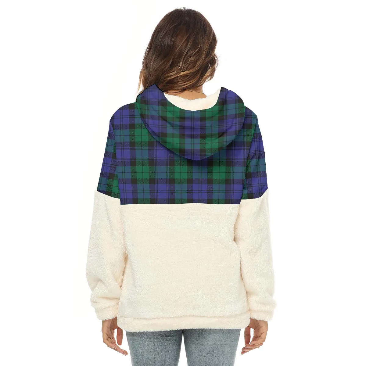 Black Watch Modern Tartan Women's Borg Fleece Hoodie With Half Zip