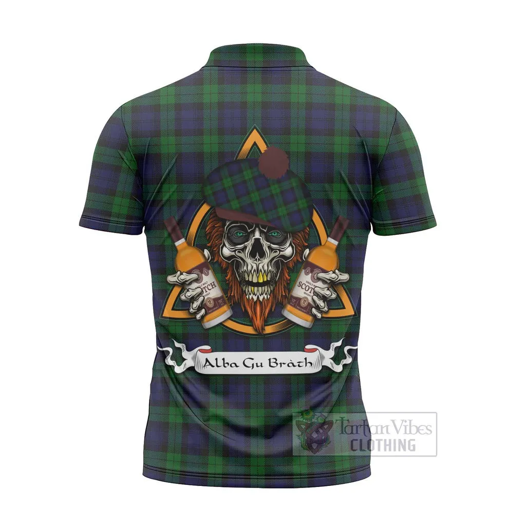 Black Watch Tartan Zipper Polo Shirt with Family Crest and Bearded Skull Holding Bottles of Whiskey