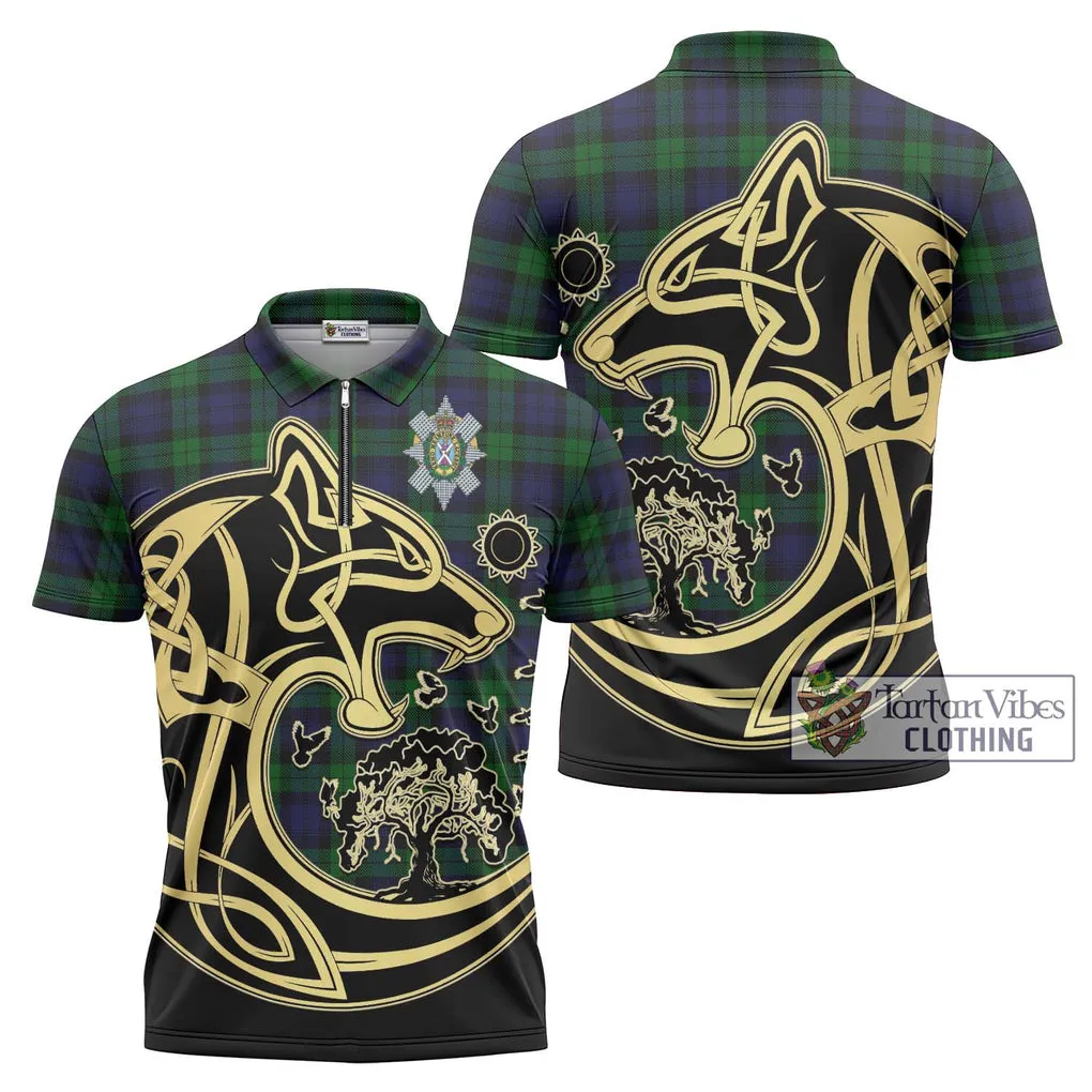 Black Watch Tartan Zipper Polo Shirt with Family Crest Celtic Wolf Style