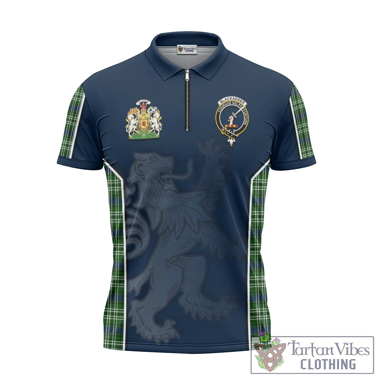 Blackadder Tartan Zipper Polo Shirt with Family Crest and Lion Rampant Vibes Sport Style