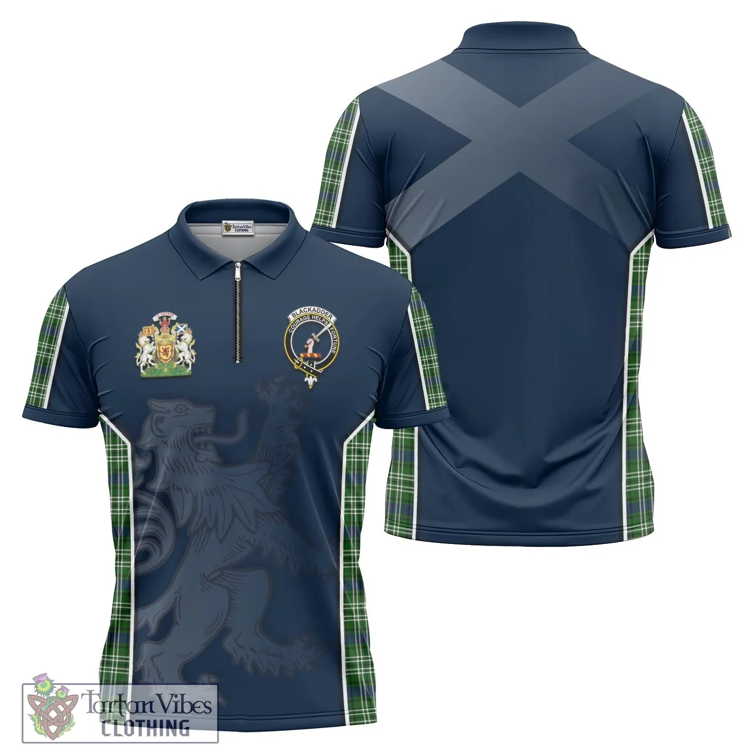 Blackadder Tartan Zipper Polo Shirt with Family Crest and Lion Rampant Vibes Sport Style