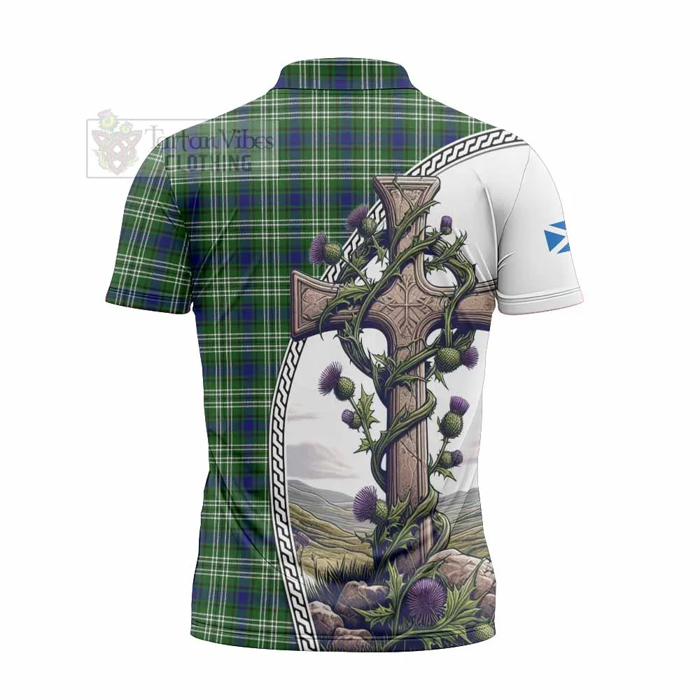 Blackadder Tartan Zipper Polo Shirt with Family Crest and St. Andrew's Cross Accented by Thistle Vines