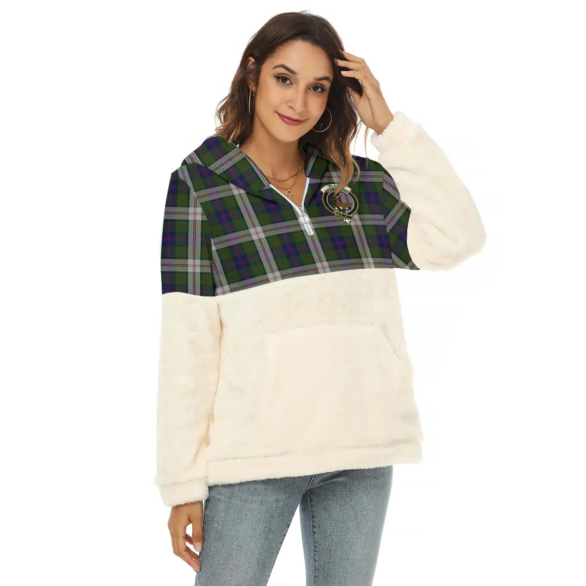 Blair Dress Tartan Women's Borg Fleece Hoodie With Half Zip with Family Crest