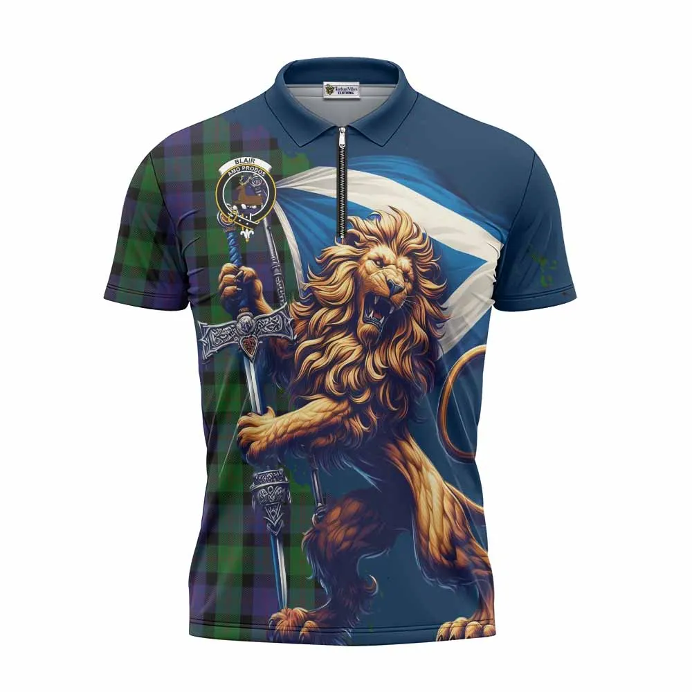 Blair Tartan Family Crest Zipper Polo Shirt with Scottish Majestic Lion