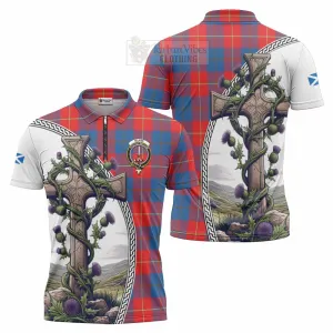 Blane Tartan Zipper Polo Shirt with Family Crest and St. Andrew's Cross Accented by Thistle Vines