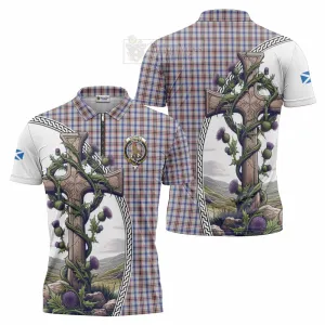 Boswell Tartan Zipper Polo Shirt with Family Crest and St. Andrew's Cross Accented by Thistle Vines