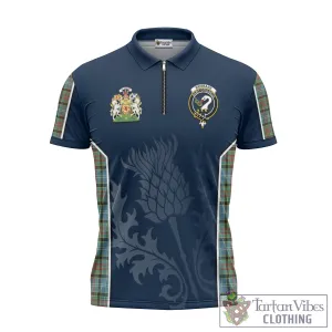 Brisbane Tartan Zipper Polo Shirt with Family Crest and Scottish Thistle Vibes Sport Style